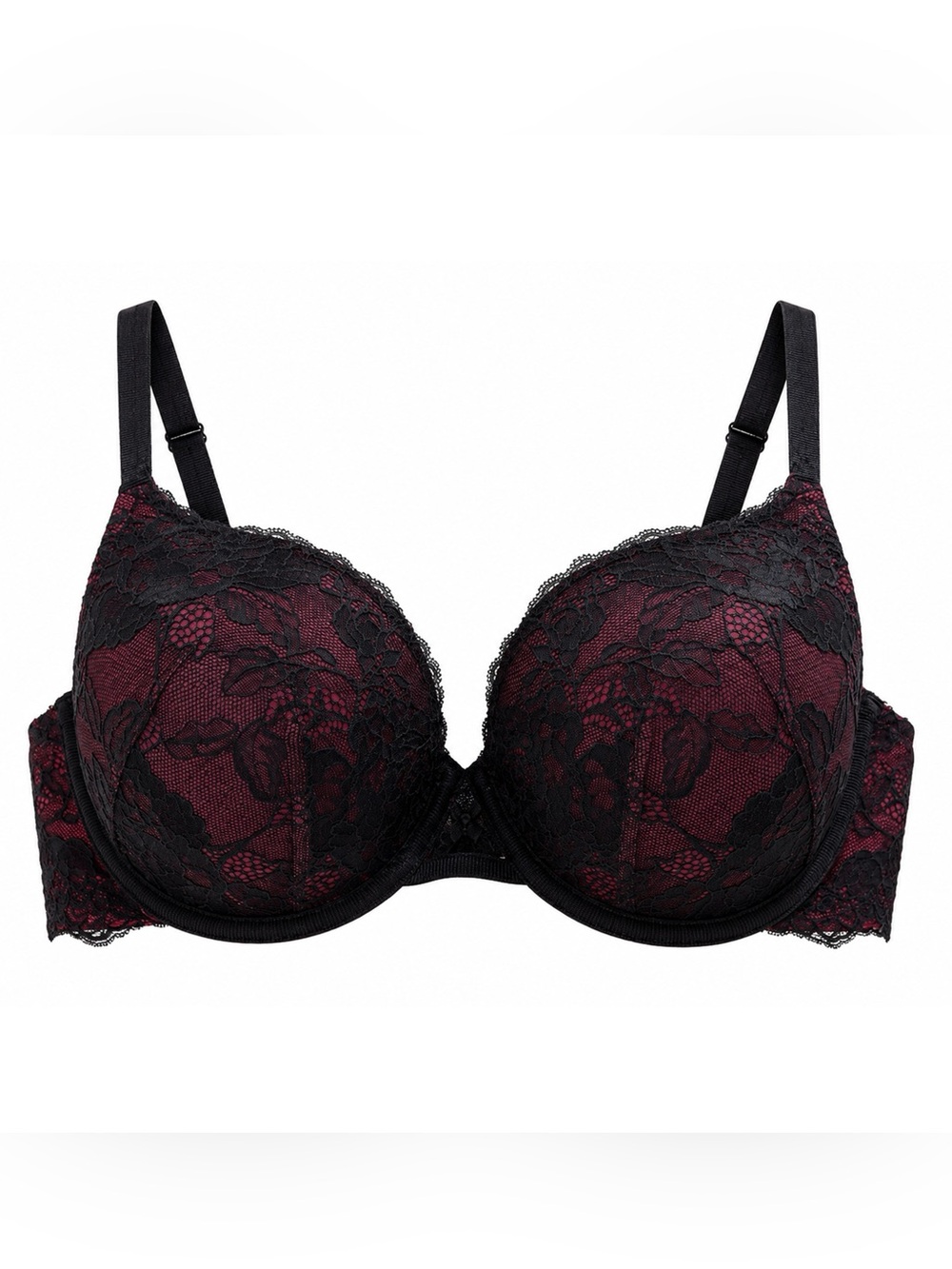 Torrid Curve 44C Black Red Lace Push Up Plunge Bra Strappy Front EUC